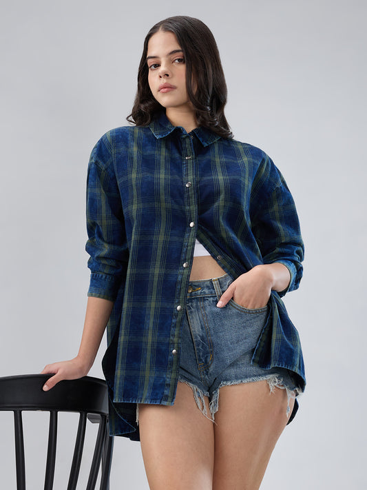 Navy & Olive Checkered Corduroy Oversized Shirt