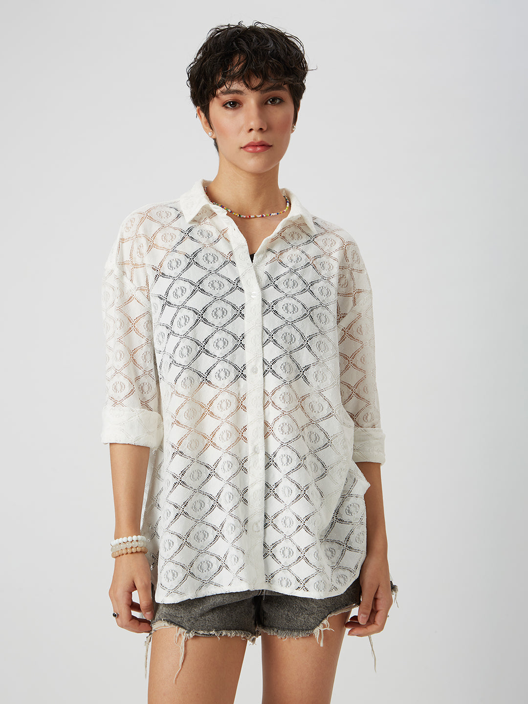 White Lace Crochet Oversized Shirt