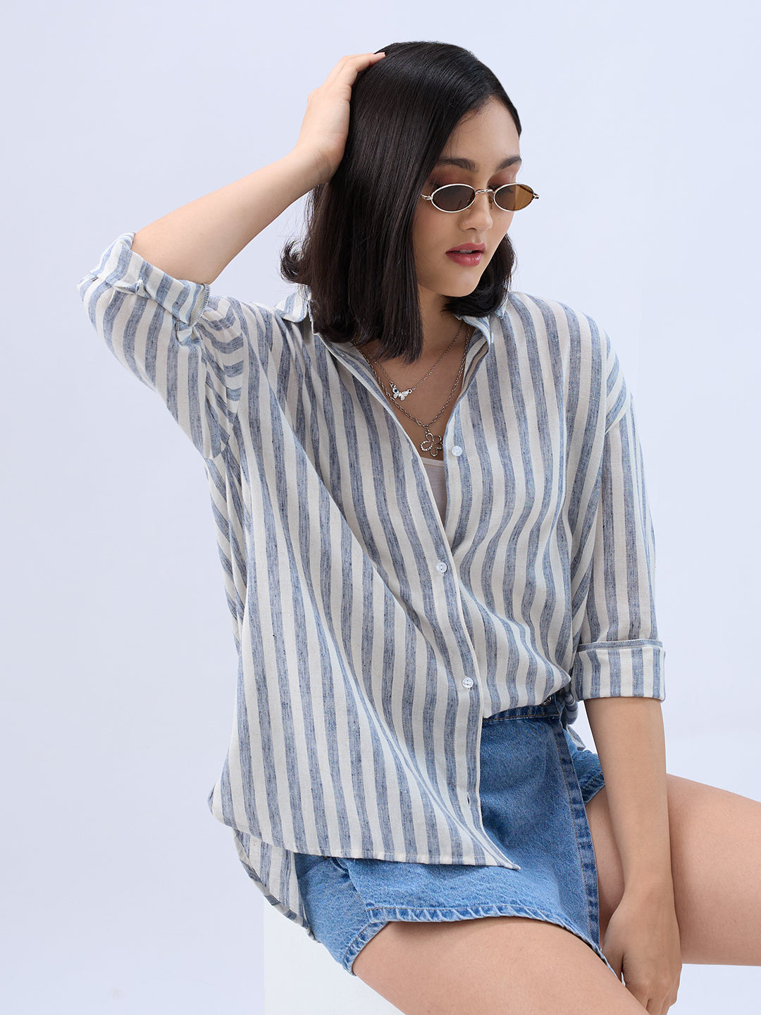 Cream and Blue Balanced Stripe Oversized Shirt