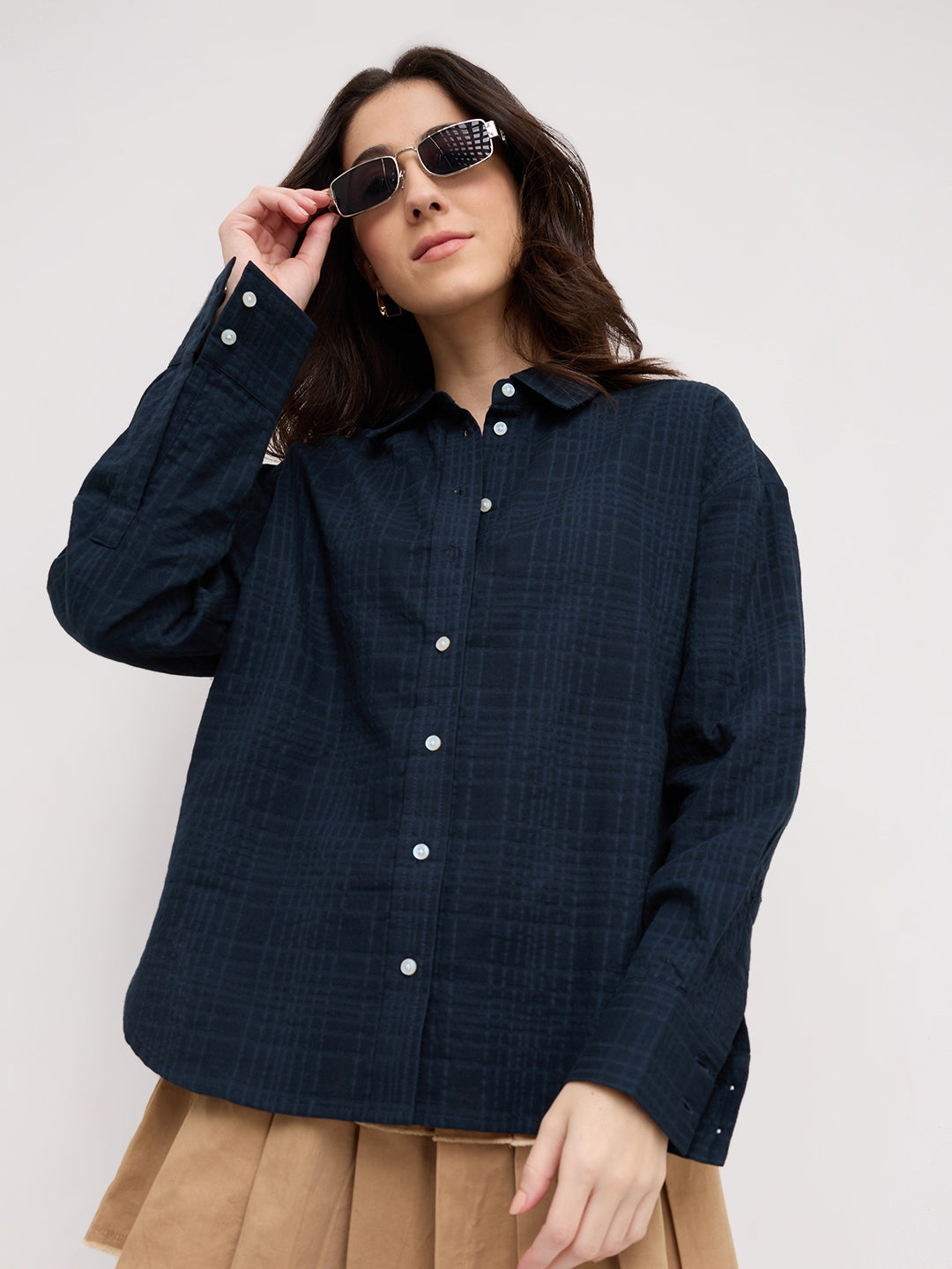 Teal Blue Block Embossed Textured Oversized Shirt
