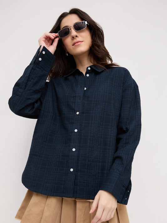 Teal Blue Block Embossed Textured Oversized Shirt