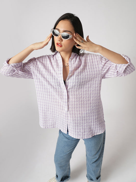White & Lavendar Gingham Checks Oversized Shirt