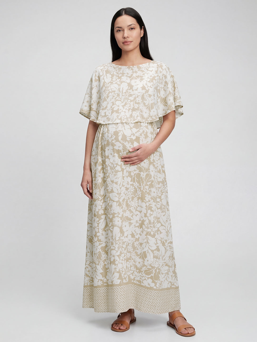 Serene Bloom Beige & White Printed Maternity Dress