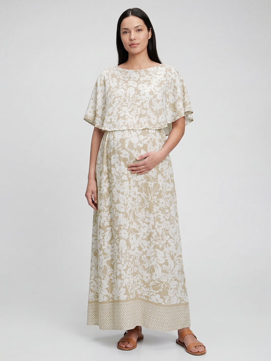Serene Bloom Beige & White Printed Maternity Dress