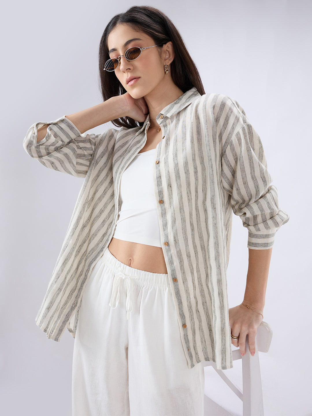 White & Blue Balanced Striped Linen Blend Oversized Shirt