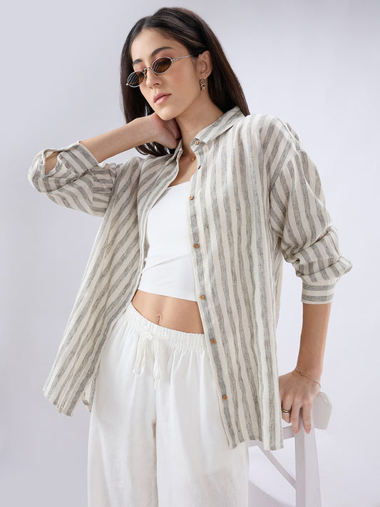 White & Blue Balanced Striped Linen Blend Oversized Shirt