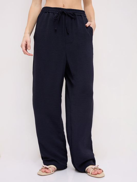 Luxe Midnight Navy Crinkled Straight Fit Trousers