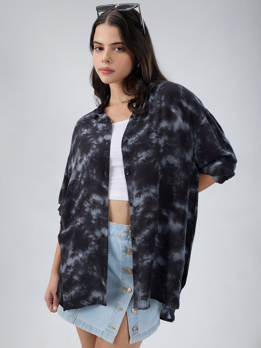 Black & Grey Tie- Dye Oversized Crepe Shirt