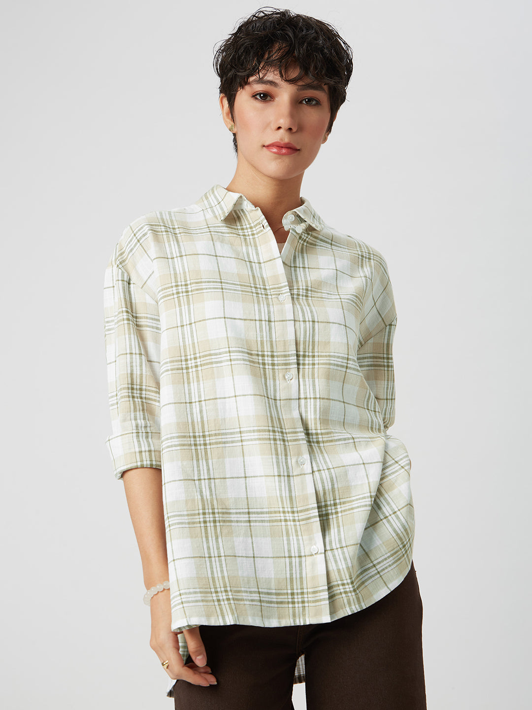 Beige & Olive Tartan Checked Oversized Shirt