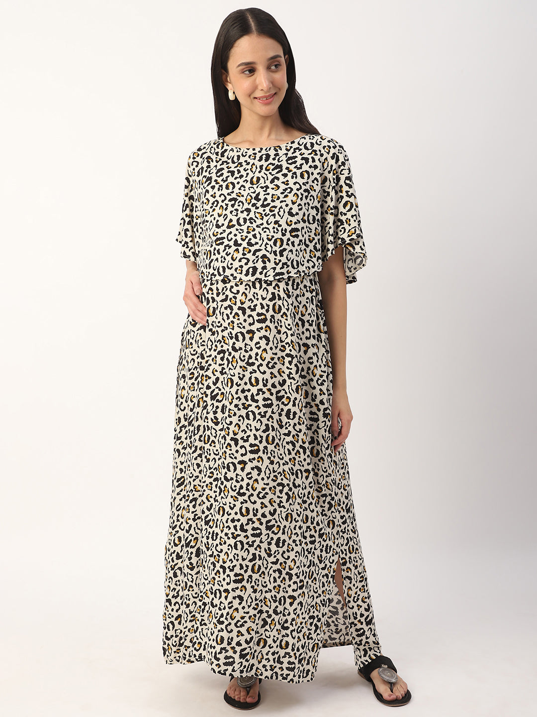 Beige Leopard Printed Comfy Maternity Dress
