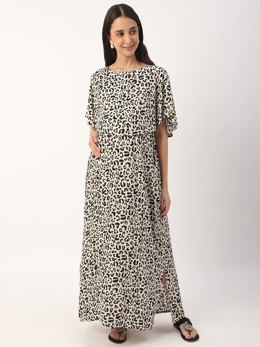 Beige Leopard Printed Comfy Maternity Dress