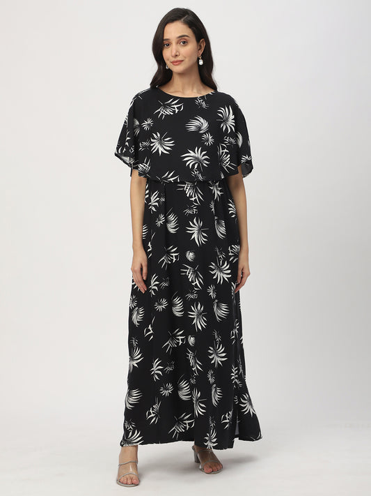 Black Leafy Printed Comfy Maternity Dress