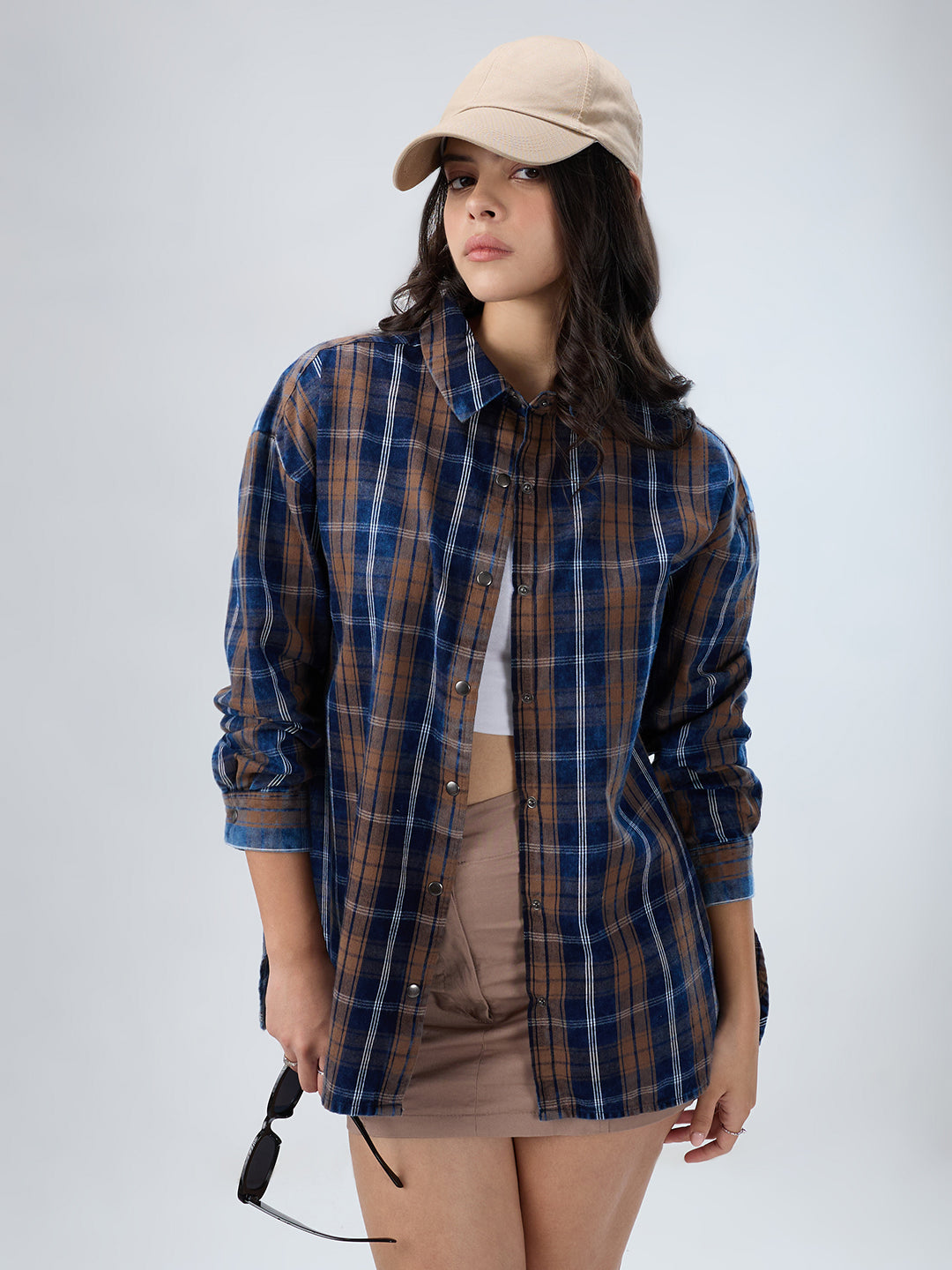 Navy & Brown Tartan Checked Corduroy Oversized Shirt