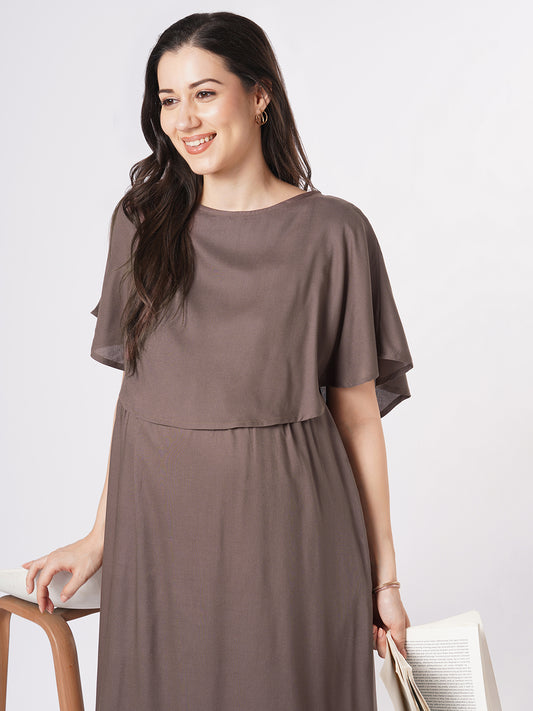 Sepia Brown Solid Comfy Maternity Dress