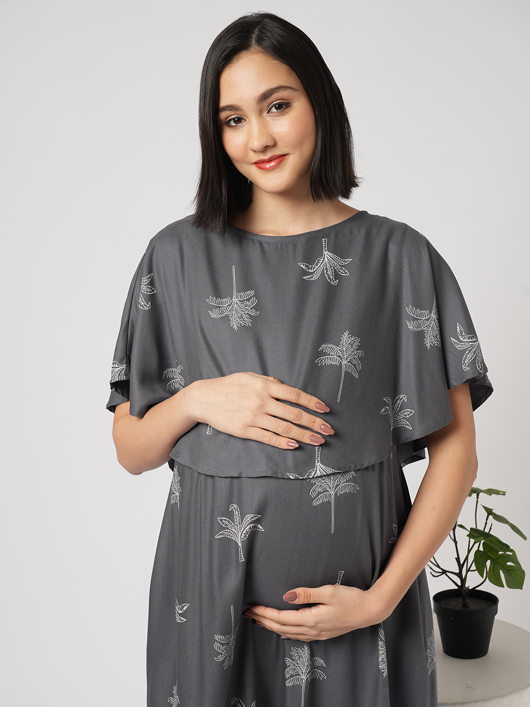 Slate Grey Palm Tree Printed Maternity Dress