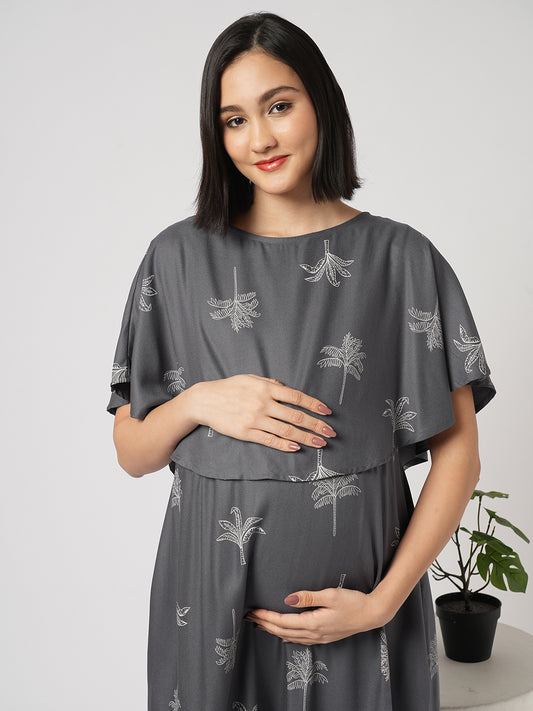 Slate Grey Palm Tree Printed Maternity Dress