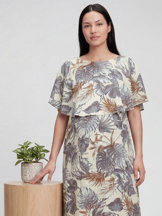Beige Palm Leaf Tropical Printed Maternity Dress