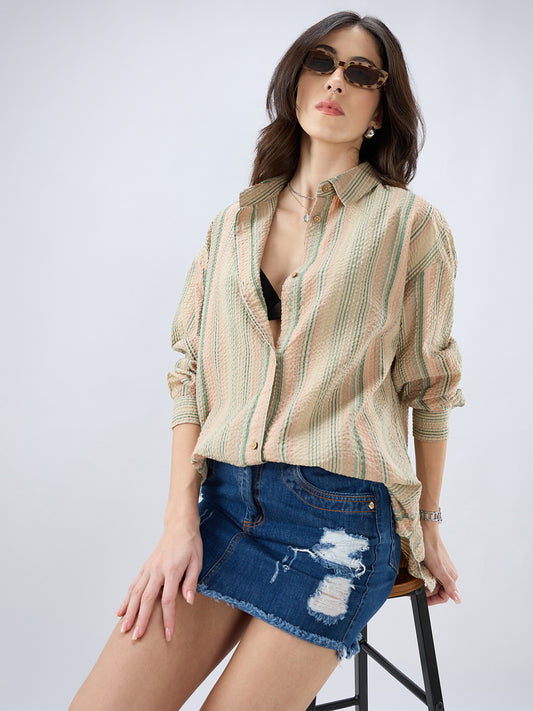 Multicolor Striped Seersucker Oversized Shirt