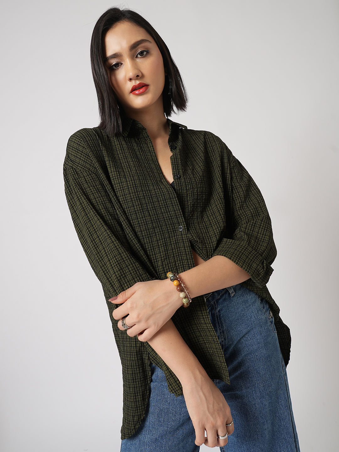 Reseda Green Vintage Mini Checks Oversized Shirt