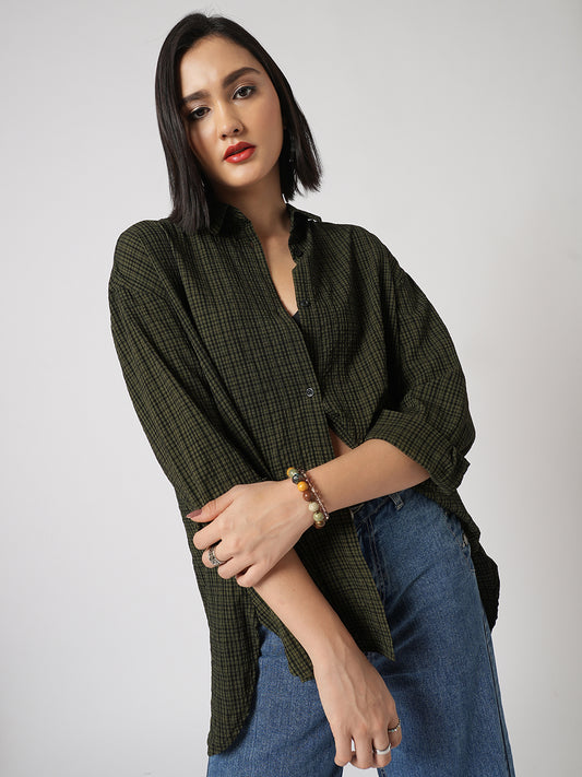 Reseda Green Vintage Mini Checks Oversized Shirt