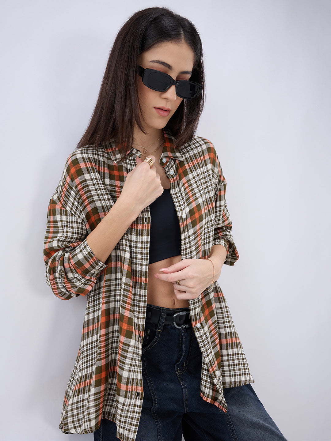 Multicolor Tartan Checked Oversized Shirt