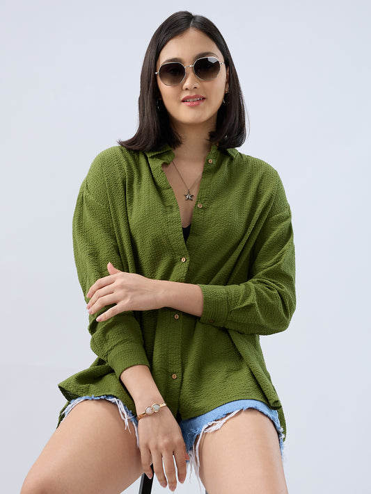 Olive Seersucker Oversized Shirt