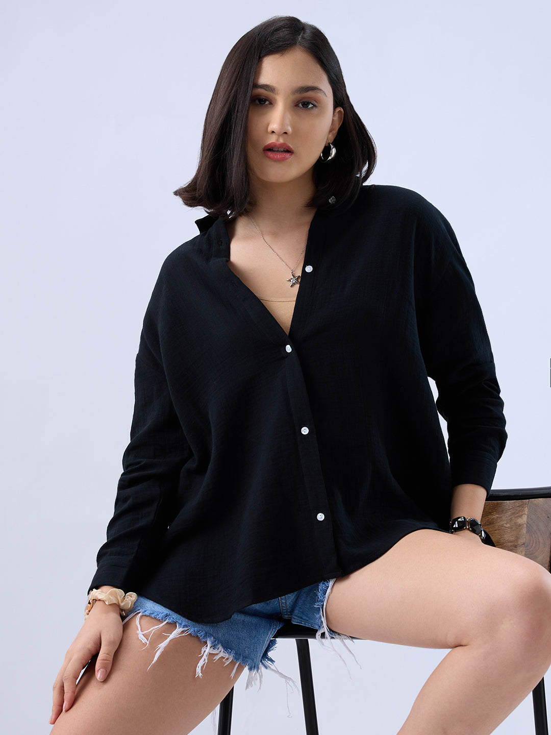 Sable Black Double Cloth Oversized Shirt
