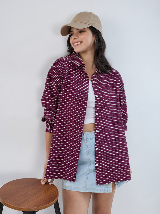 Maroon Dotted Drama Jacquard Oversized Shirt