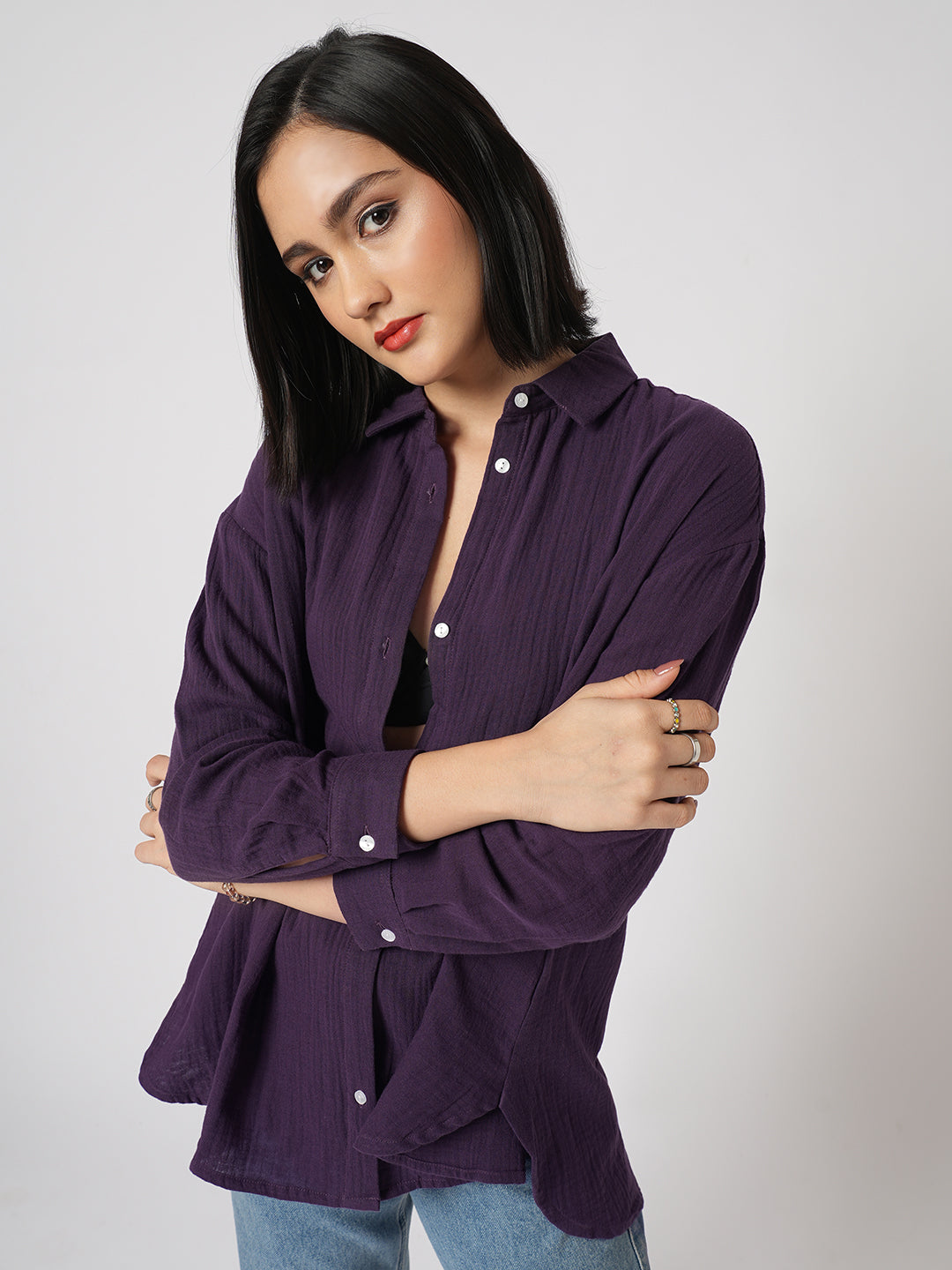 Kalamata Purple Textured Double Cloth Oversized Shirt