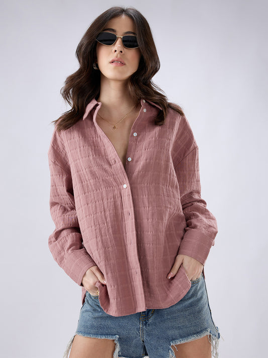 Dusty Pink Seersucker Checks DoubleCloth Oversized Shirt