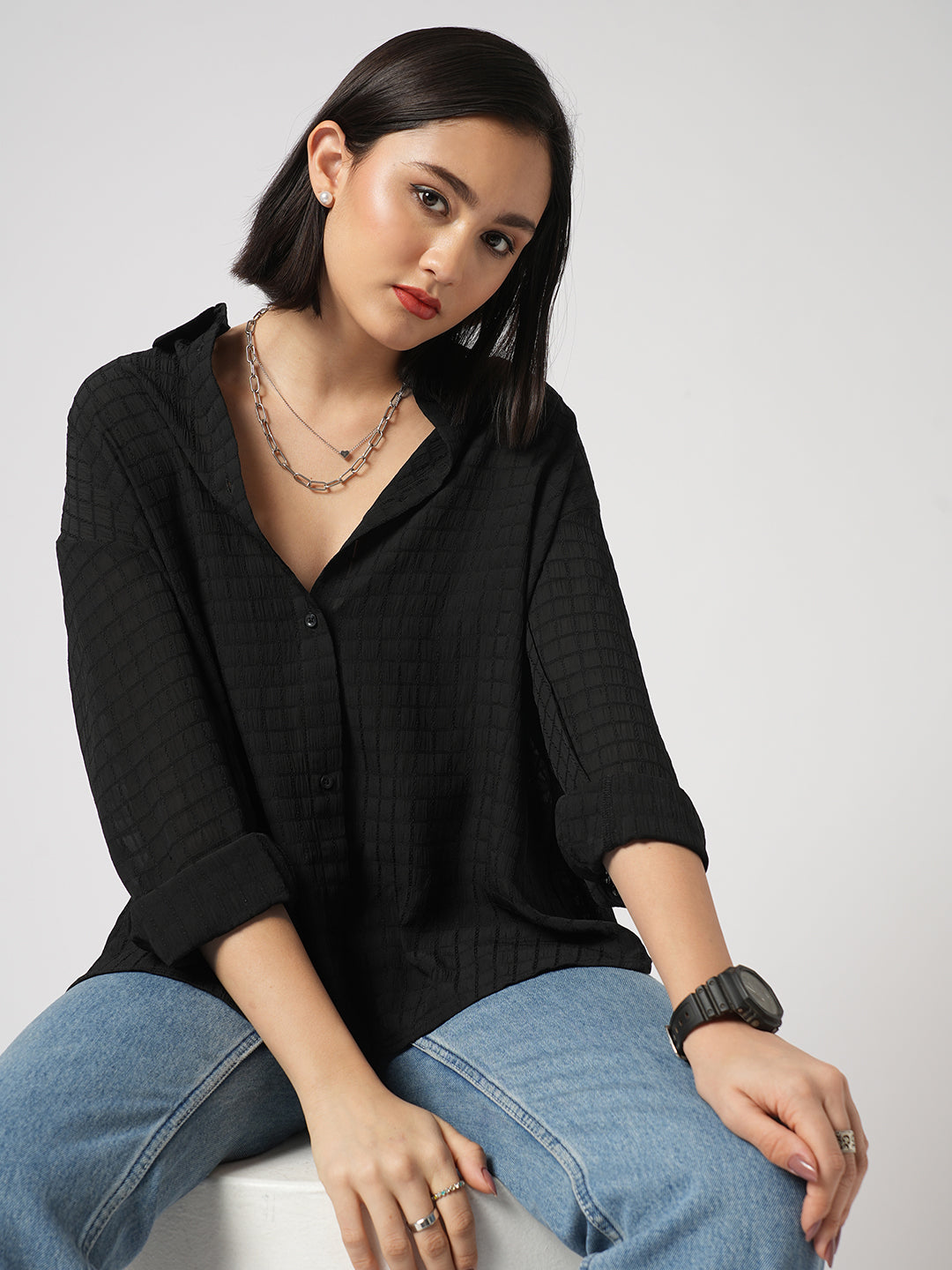 Black Matrix Checks Oversized Shirt