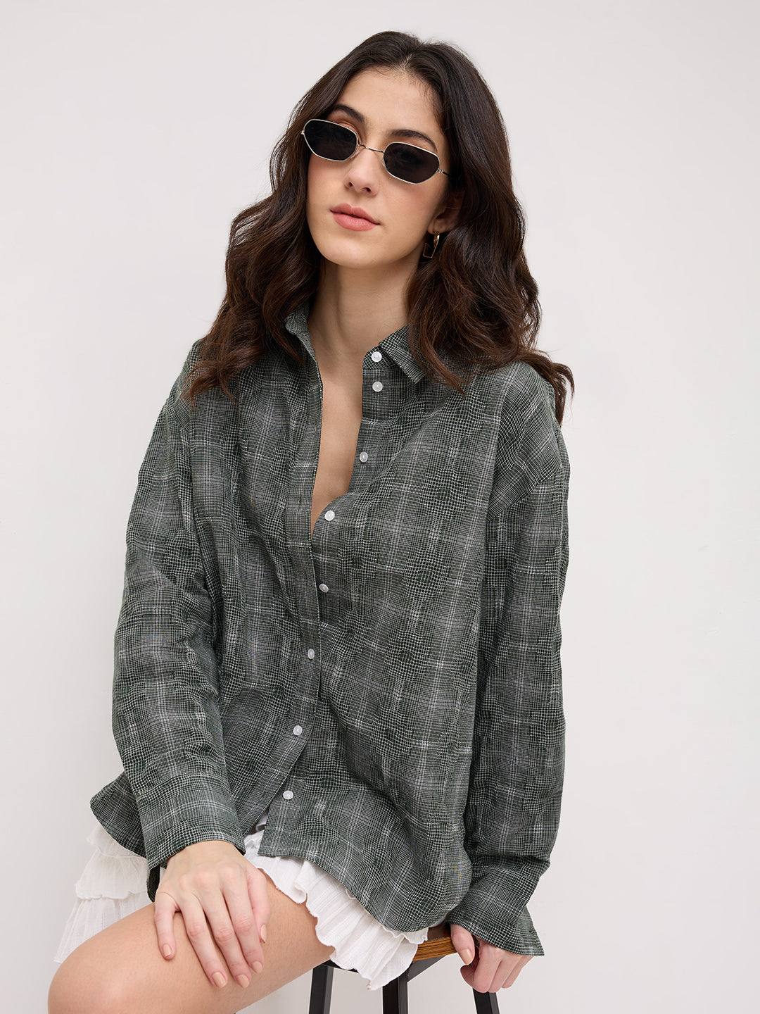 Olive Green Gridlock Smokey Plaid Oversized Shirt
