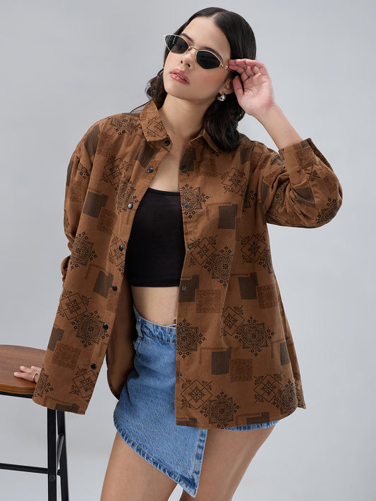 Brown Paisley Printed Corduroy Oversized Shirt