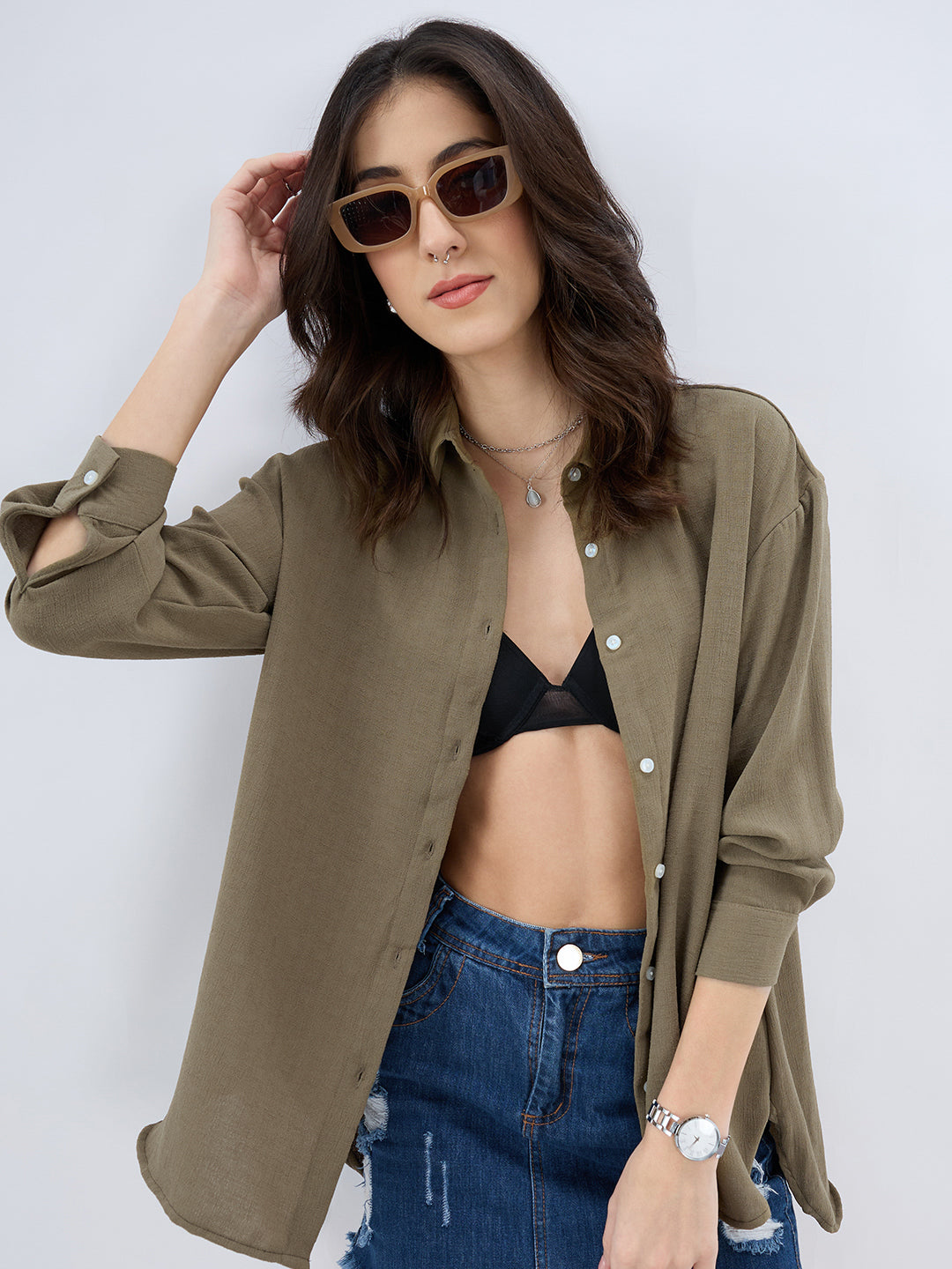 Olive Textured Oversized Shirt