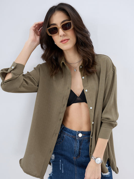 Olive Textured Oversized Shirt
