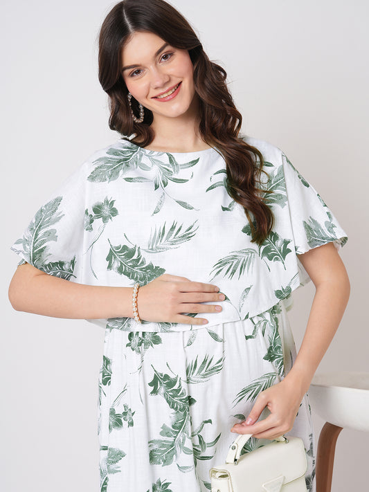 White & Olive Tropical Printed Maternity Dress