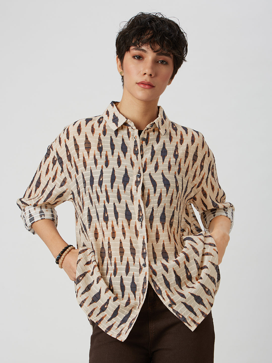 Beige & Black Abstract Printed Oversized Shirt