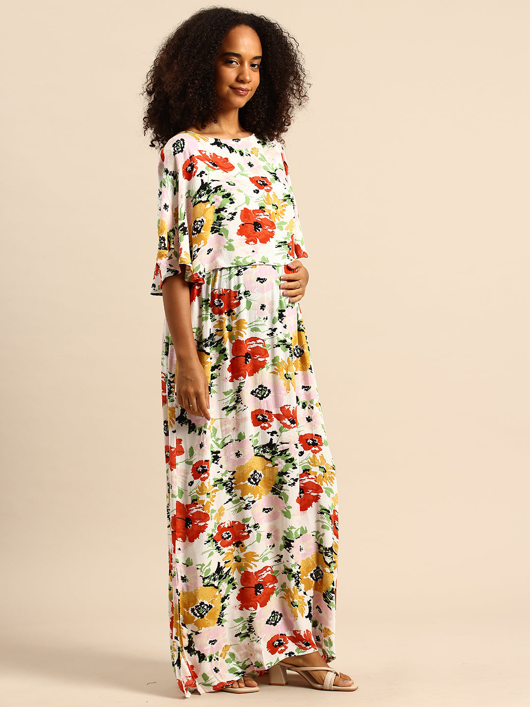 Artistic Multicolor Floral Printed Crepe Maternity Dress