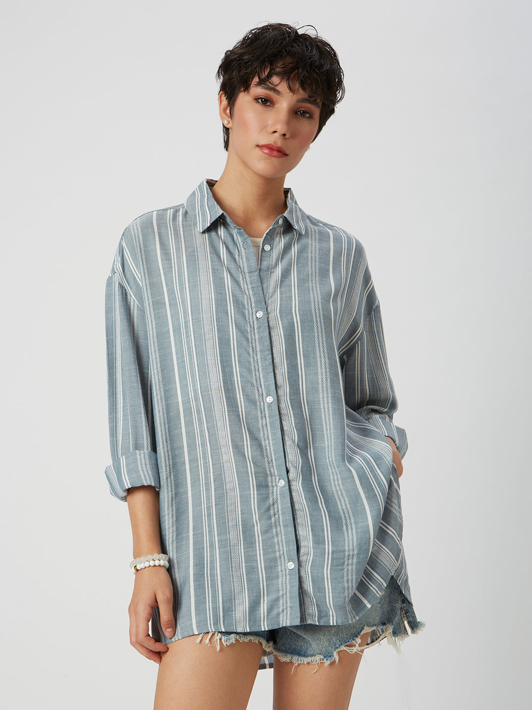 Blue & White Dobby Striped Oversized Shirt