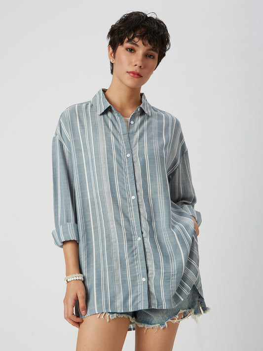 Blue & White Dobby Striped Oversized Shirt