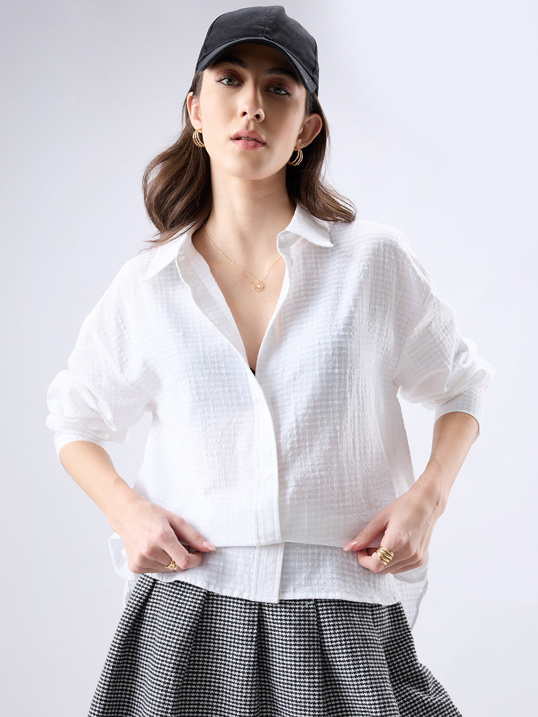 White Seersucker Textured Oversized Shirt