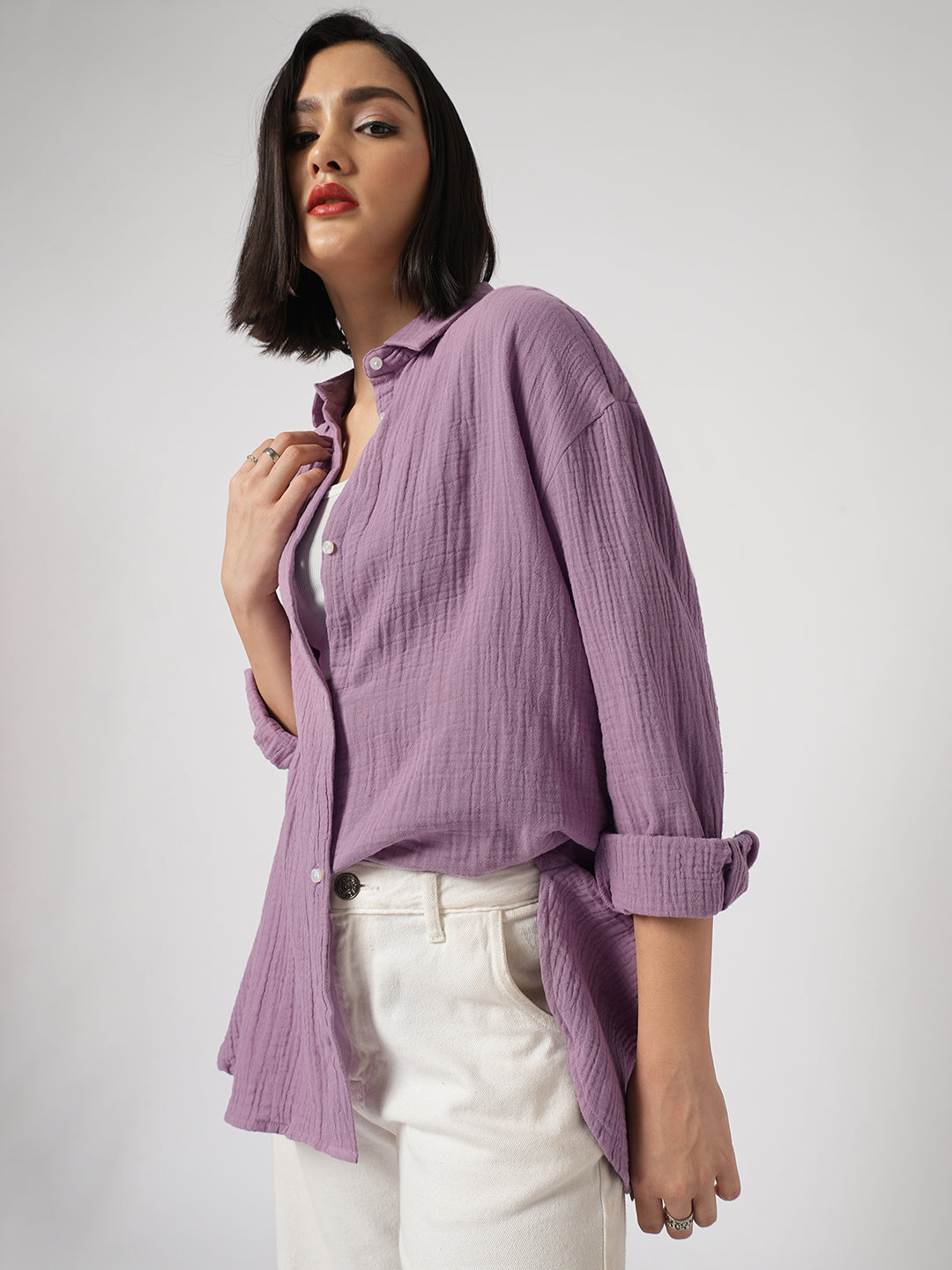 Solid Lavender Double Cloth Oversized Shirt