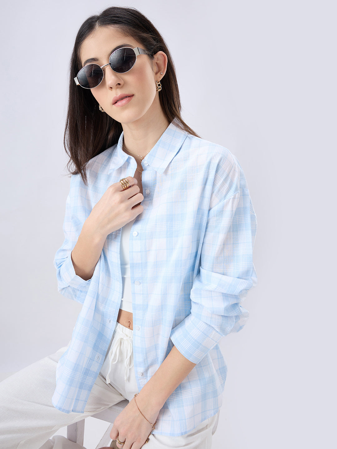 Soft Sky Blue Tartan Checked Oversized Shirt