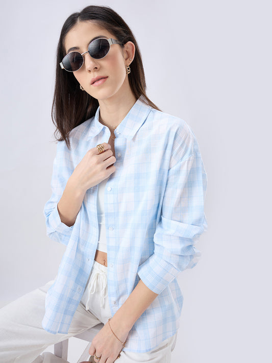 Soft Sky Blue Tartan Checked Oversized Shirt