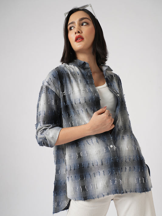 Blue & White Self Design Frayed Oversized Shirt