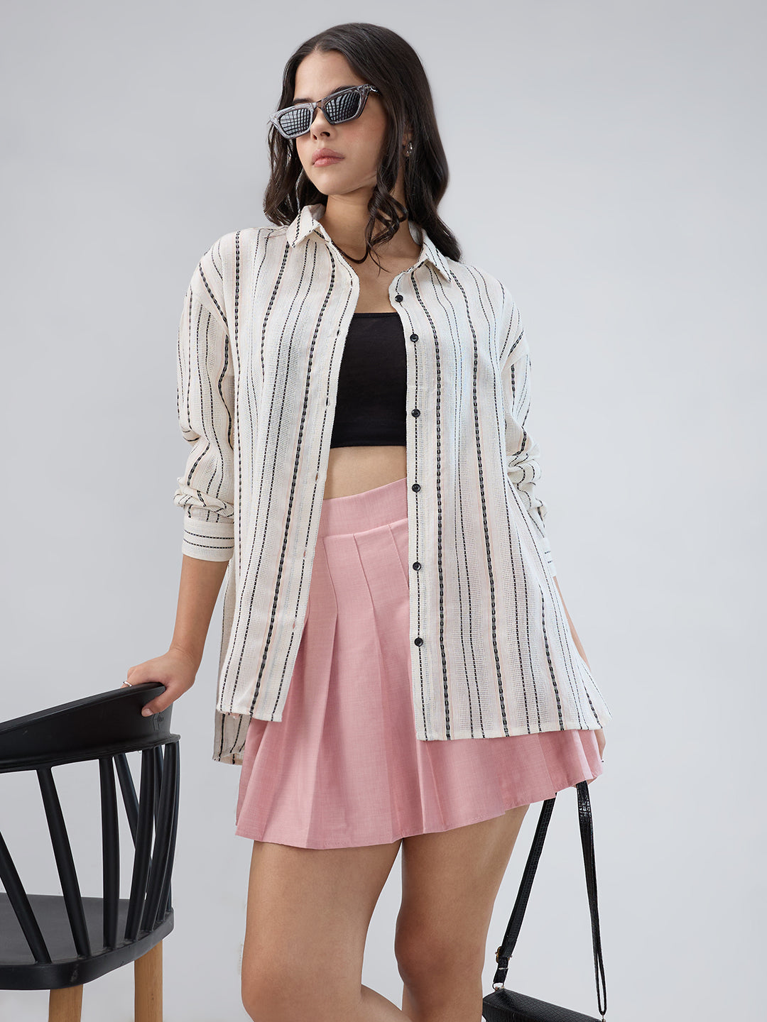 Burlap Ivory Vertical Striped Dobby Oversized Shirt