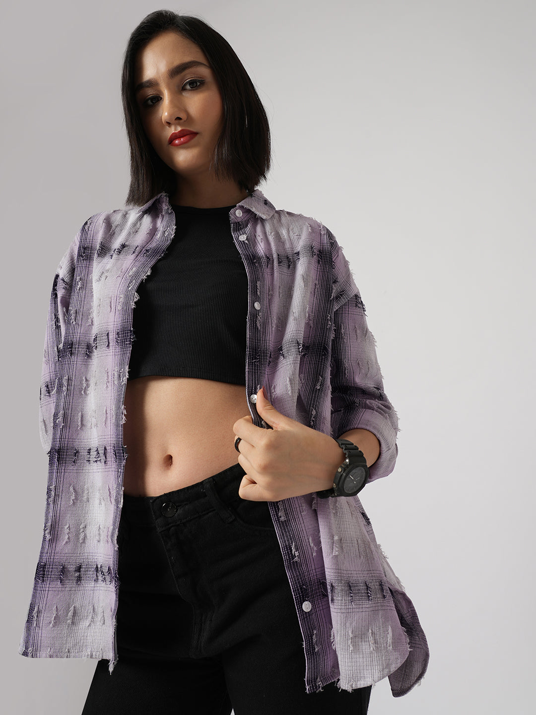 Multicolor Self Design Frayed Oversized Shirt