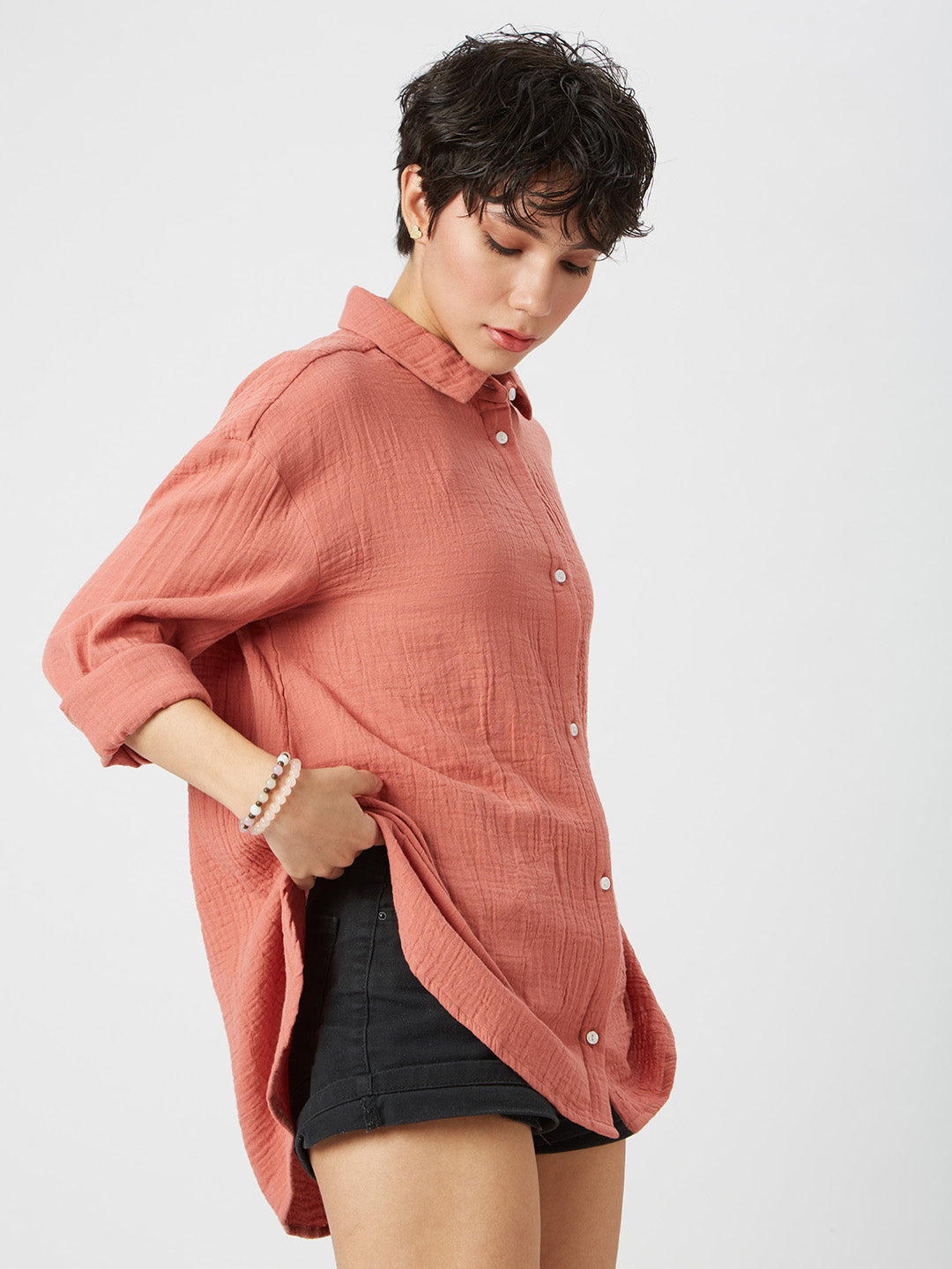 Solid Coral Double Cloth Oversized Shirt