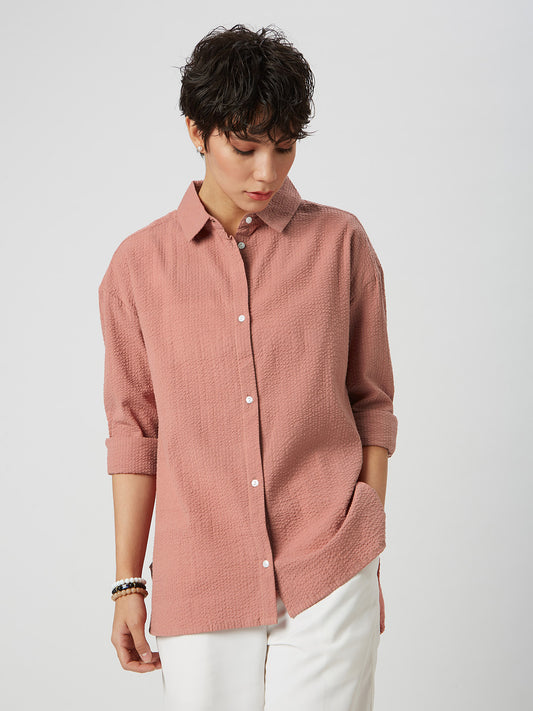 Coral Pink Seersucker Oversized Shirt