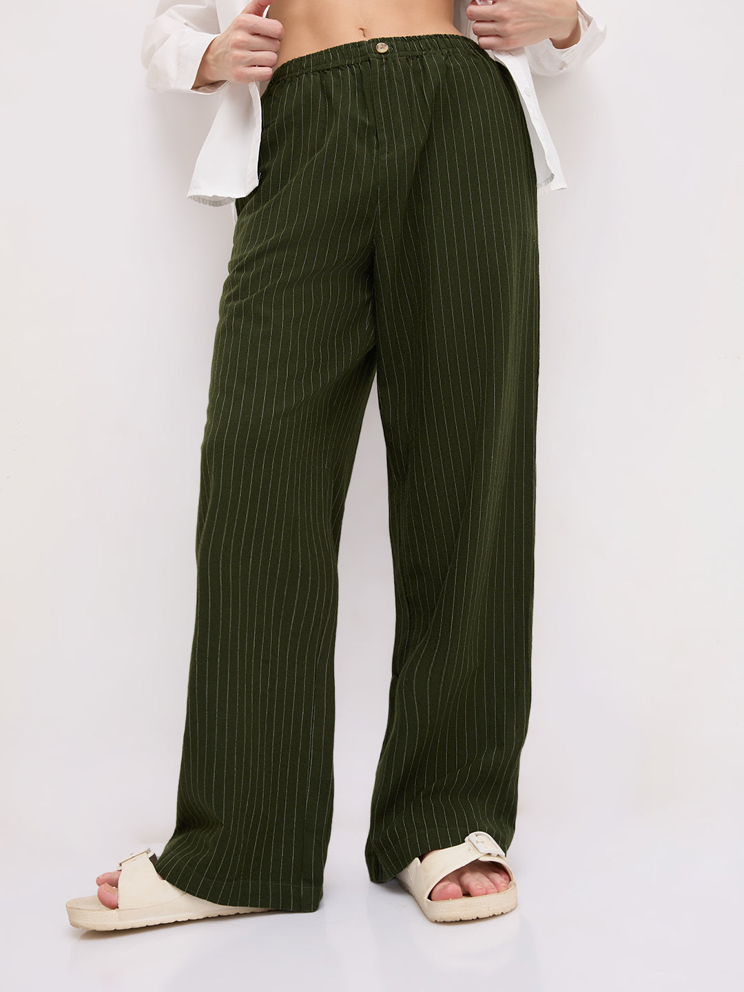 Deep Olive Pin Stripe Wide Leg Trousers